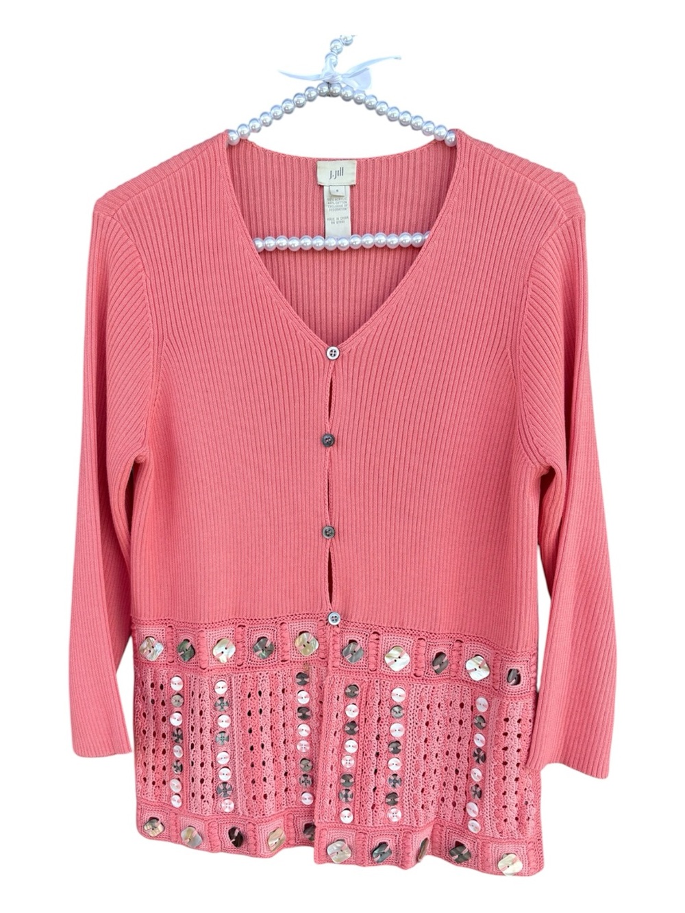 J. Jill Embellished Coral Pink Button Ribbed Cardigan – Size Small